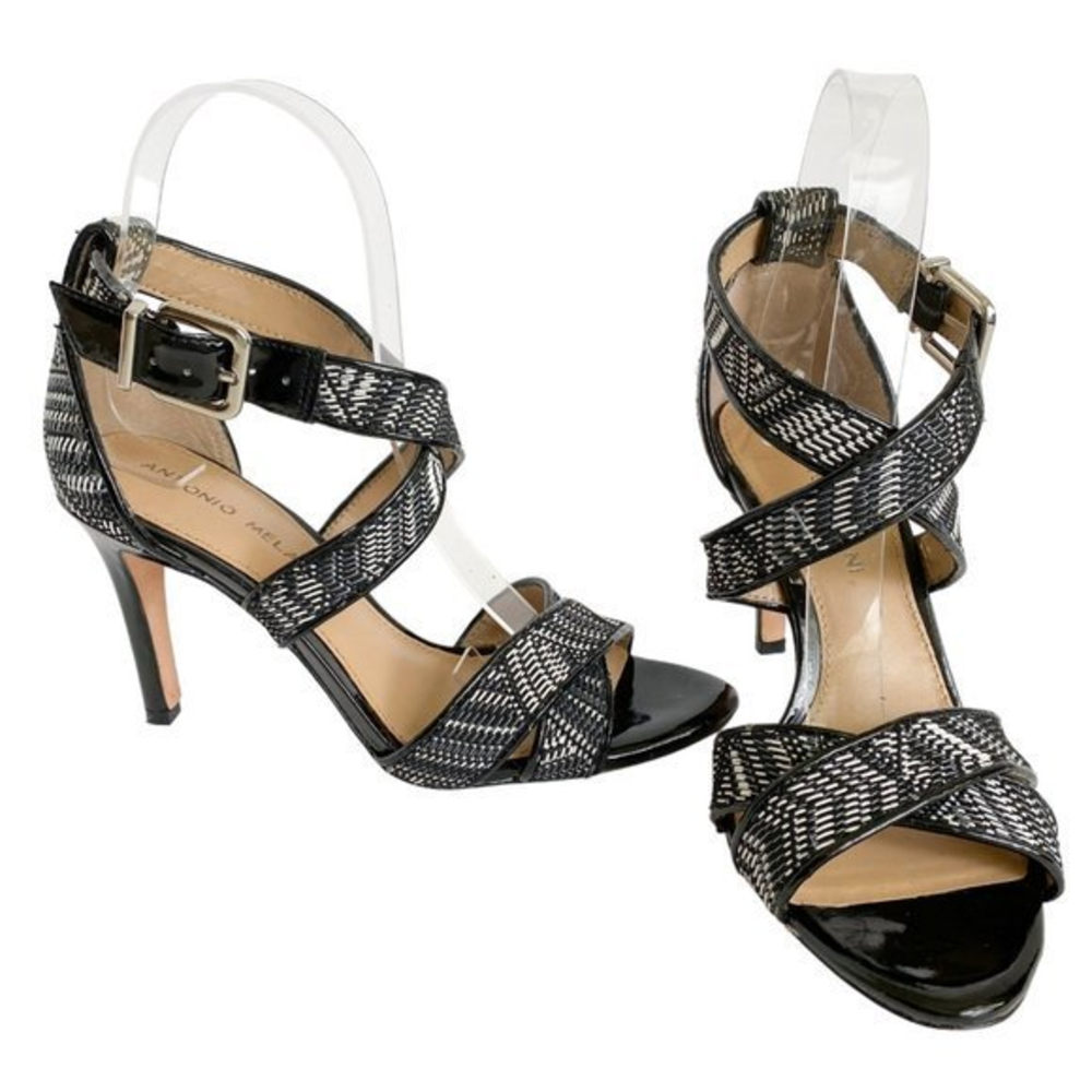 ANTONIO MELANI Black & White Woven‎ Strap Patent Leather Trim Heels Size 6.5